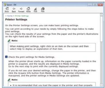 On the Printer Settings screen, you can make basic printing settings. You can print according to your needs by simply following the steps below to make print settings. You can check the results of your settings from the paper and the printer's illustrations on the right-hand side of the screen. Note: When making print settings, right-click on an item on the screen and then select help to display an explanation of that item. Check the print settings for Media Settings. When the printer driver starts up, information on the paper currently loaded in the printer is acquired, and the results are displayed in Media Settings. Go to the next step to print with the currently displayed settings. If you do not see your desired settings, change the paper in the printer, and then click the Acquire Info button from Media Settings. The printer information is reacquired, and the printer settings in Media Settings are updated. Note: • It is recommended that you load the paper in the printer and then properly