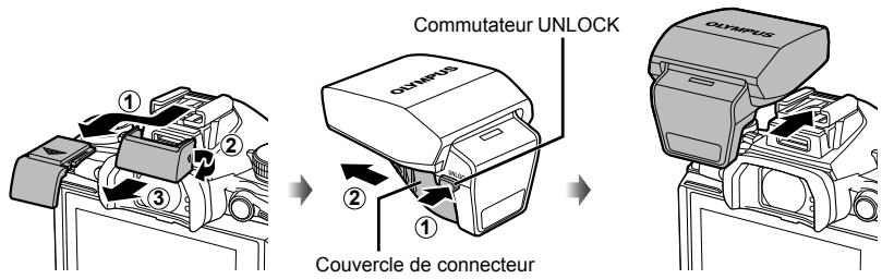 OLYMPUS E-M1 MARK III  -  E-M1 MKIII - Retirez le cache de la borne du flash et fixez le flash sur l'appareil photo. - 1