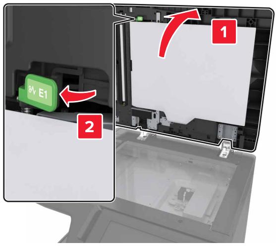 LEXMARK MX911DE  -  MX912DE - [x]-bourrage papier, appuyez sur le loquet dans la zone E pour ouvrir le volet supérieur du DAA. [ 28y.xx] - 3