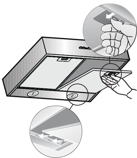 BOSCH DHU665EL - Tirar e recolocar os filtros metalicos anti-gorduras: - 1