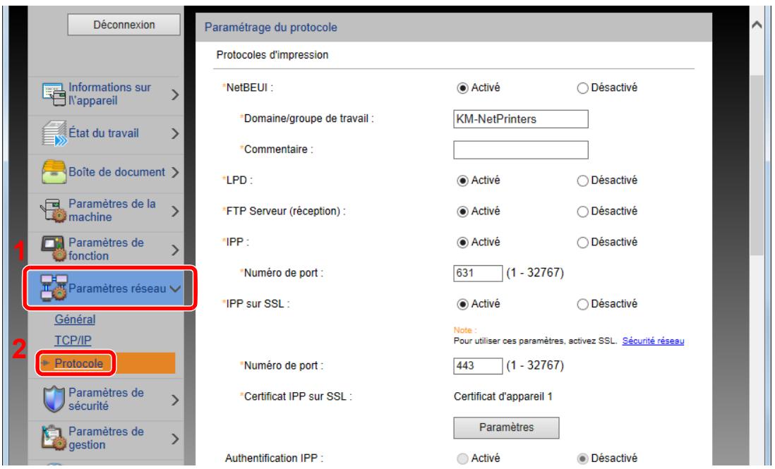 KYOCERA P6035CDN - Dans le menu [Paramètres réseau], cliquer sur [Protocole]. - 1