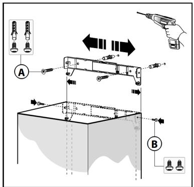 Diagram illustrating a mechanical or electrical setup with labeled components A and B, showing connections between lighting fixtures and a tool.