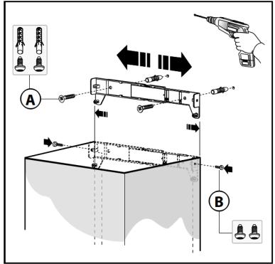 Diagram illustrating a mechanical assembly or mounting process with labeled components A and B, showing tool positions and directional arrows.