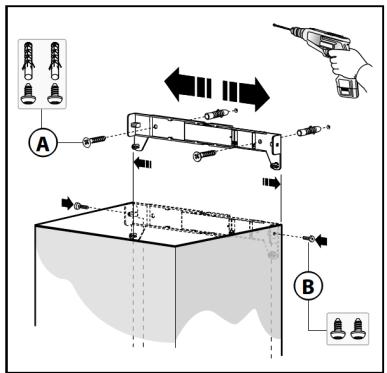 Diagram illustrating a mechanical assembly or inspection setup with labeled components A and B, showing tool positions and directional arrows.