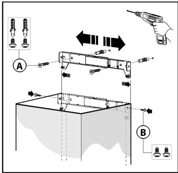 Diagram illustrating a mechanical assembly or mounting process with labeled components A and B, showing tool positions and directional arrows.