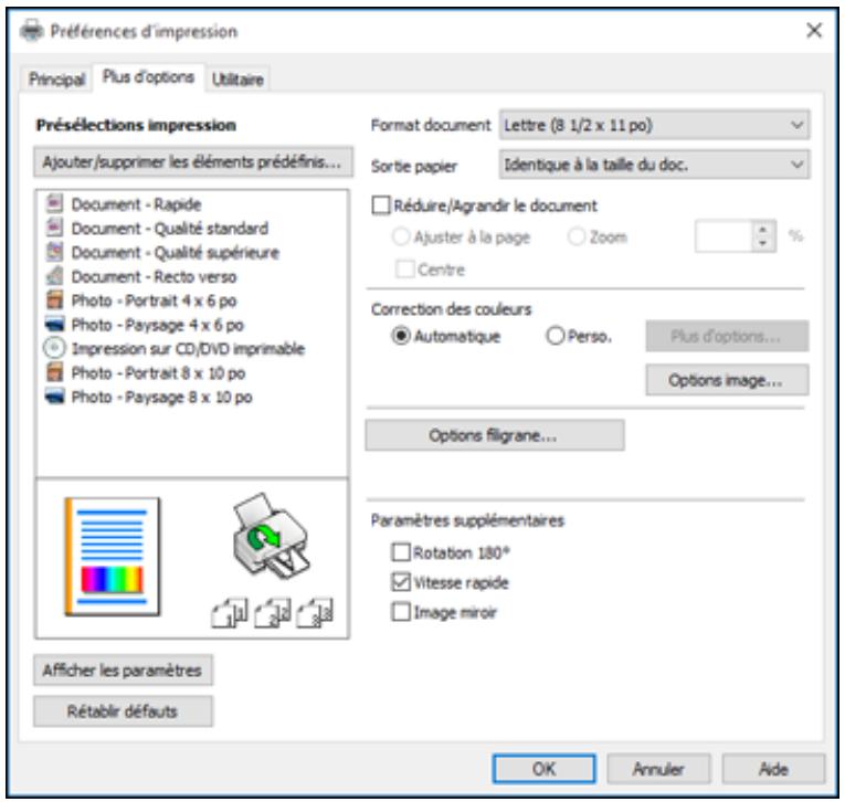 EPSON WF-110W - Sélection des options additionnelles de mise en page et d'impression - Windows - 1