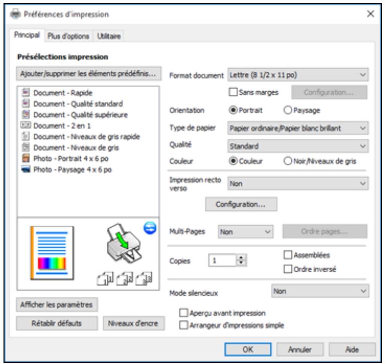 EPSON WF-110W - La fenêtre des paramètres de l'imprimante s'affiche : - 1