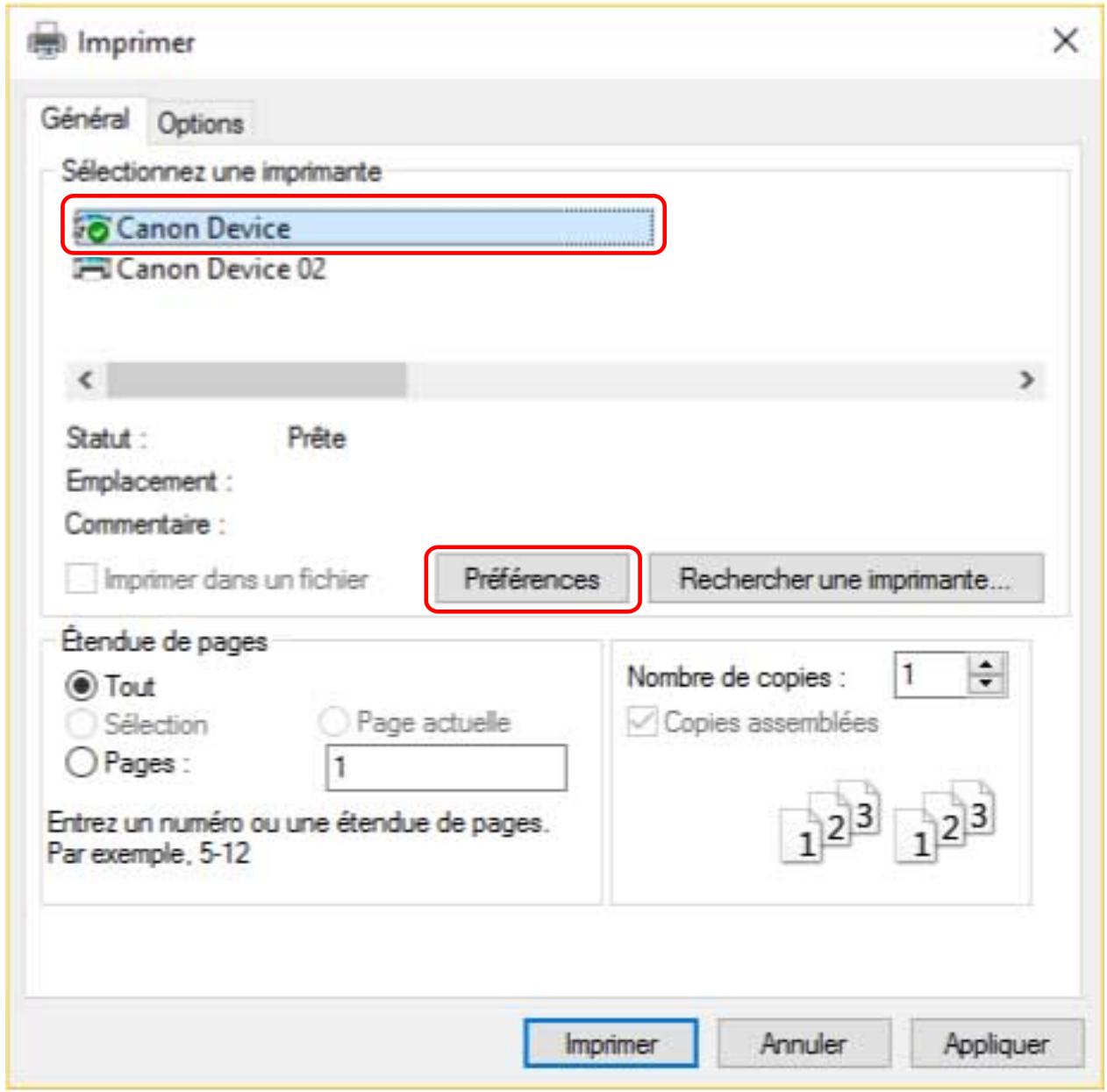 CANON I-SENSYS LBP-6650DN - Sélectionnez le dispositif que vous utilisez → cliquez sur [Préférences]. - 1