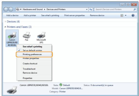 CANON LBP6040 - Right-click the icon of the machine and then click [Printing preferences]. - 1