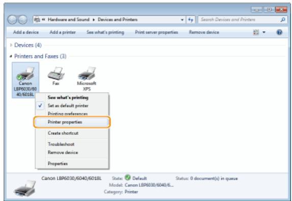 CANON LBP6040 - Right-click the icon of the machine and click [Printer properties] or [Properties]. - 1