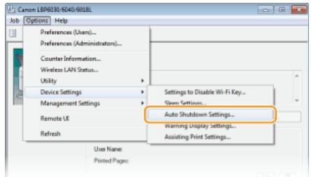 CANON LBP6040 - Select [Options]  [Device Settings]  [Auto Shutdown Settings]. - 1