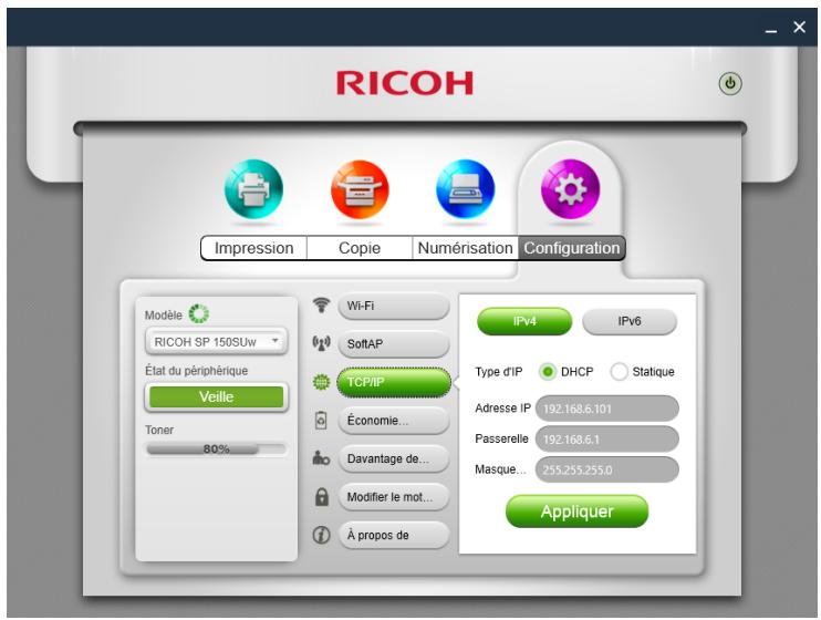 RICOH SP 150W - Configuration de l'adresse IP de l'imprimante (pris en charge uniquement sur les modèles SP 150w et SP 150SUw) - 1