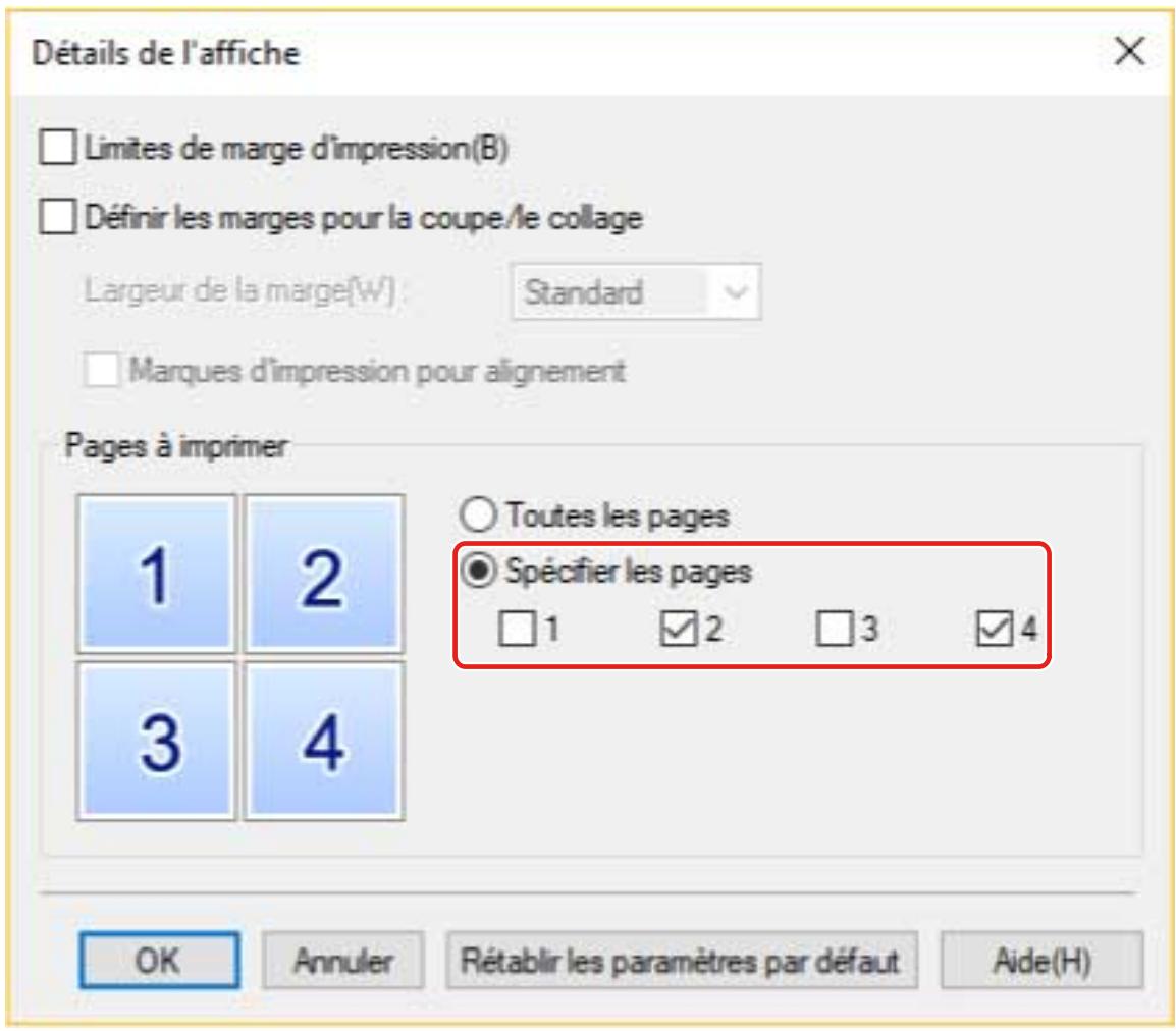 Détails de l'affiche Limites de marge d'impression(B) Définir les marges pour la coupe/le collage Largeur de la marge(W) : Standard Marques d'impression pour alignement Pages à imprimer 1 2 3 4 Toutes les pages Spécifier les pages 1 ✓ 2 □ 3 ✓ 4 OK Annuler Rétablir les paramètres par défaut Aide(H)