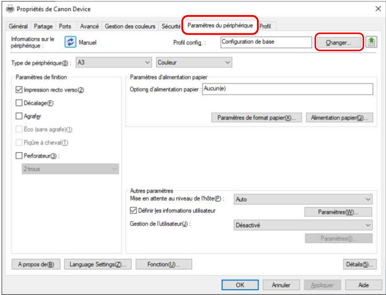 Propriétés de Canon Device Général Partage Ports Avancé Gestion des couleurs Sécurité Paramètres du périphérique Profil Informations sur le périphérique : Manuel Profil config. : Configuration de base Changer... Type de périphérique(8) : A3 Couleur Paramètres de finition Impression recto verso(2) Décalage(F) Agrafer Éco (sans agrafe)(1) Piqure à cheval(T) Perforateur(3) : 2 trous Paramètres d'alimentation papier Options d'alimentation papier : Aucun(e) Paramètres de format papier(X)... Alimentation papier(Q)... Autres paramètres Mise en attente au niveau de l'hôte(P) : Auto Définir les informations utilisateur Paramètres(W)... Gestion de l'utilisateur(J) : Désactivé Paramètres(I)... A propos de(B) Language Settings(Z)... Fonction(U)... Détails(5)... OK Annuler Appliquer Aide