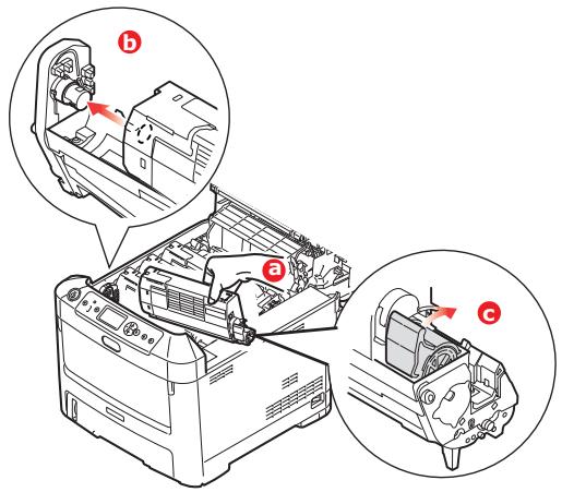 Technical diagram showing three labeled mechanical components (a, b, c) of a printer or printer assembly with directional arrows indicating movement.