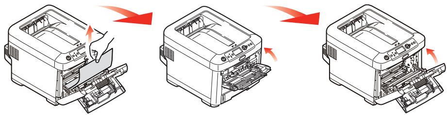 Diagram illustrating the process of printer disassembly with red arrows indicating removal steps