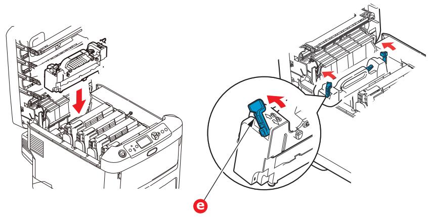 Technical diagram showing a printer internal structure with red arrows indicating movement, and a magnified inset highlighting the component's insertion.