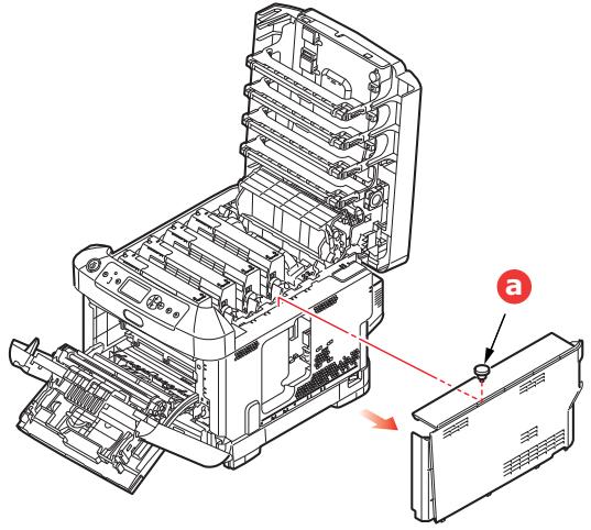 Technical diagram of a printer internal structure with labeled parts and directional arrows indicating assembly or inspection.