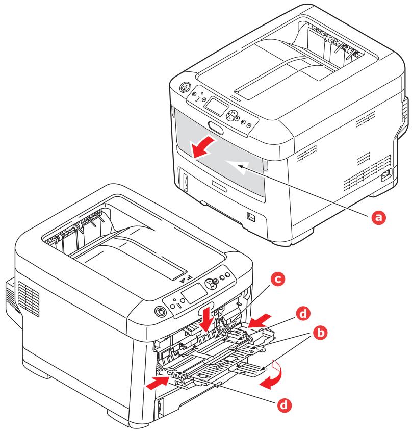 Technical diagram of a printer with labeled parts and red arrows indicating internal components