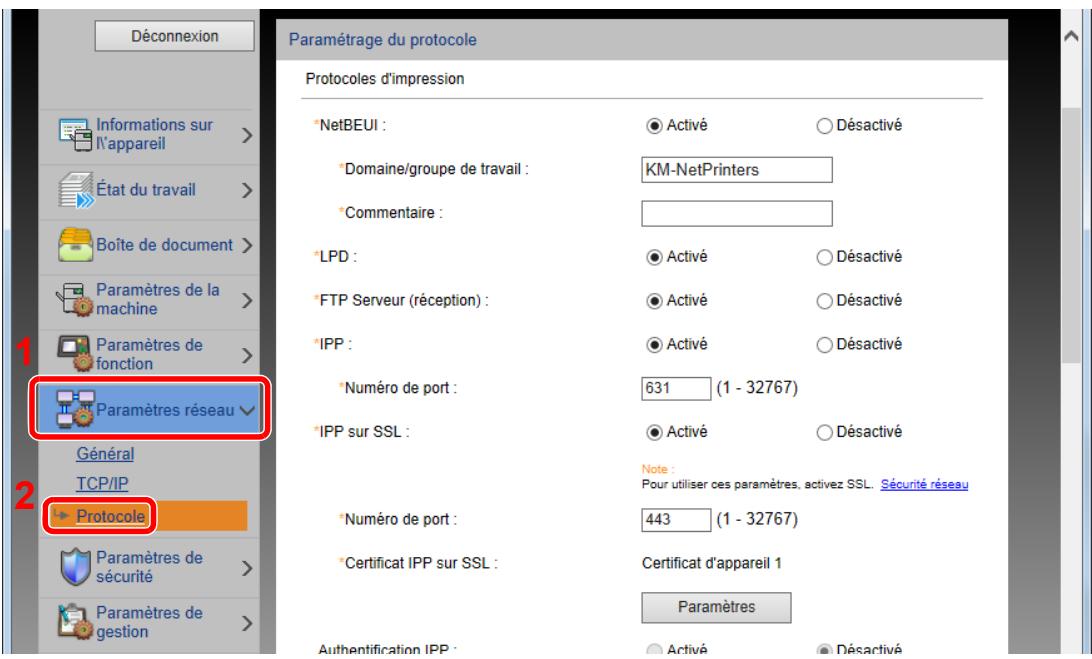 KYOCERA FS-1220MFP - Dans le menu [Paramètres réseau], cliquer sur [Protocole]. - 1