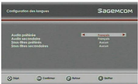 SAGEM DS87HD - Choix des langues menu, audio et sous-titres - 1