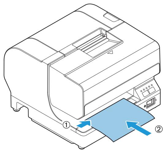 EPSON TM-J7200 - Set the paper so that the right edge of the paper contacts the paper guide on the right and insert the slip paper. Refer to the label affixed to the printer. - 2