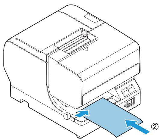EPSON TM-J7200 - Set the paper so that the right edge of the paper contacts the paper guide on the right and insert the slip paper. Refer to the label affixed to the printer. - 1