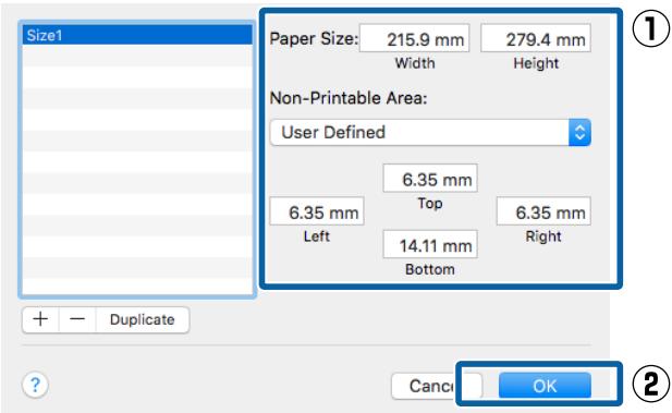 EPSON SC-P5000 STD - Entre les paramètres Width (Largeur), Height (Hauteur) pour Paper Size (Taille papier), puis entrez les marges et cliquez sur OK. - 1