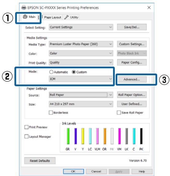 EPSON SC-P5000 STD - Dans l'écran Main (Principal) du pilote d'impression, Sélectionnez Custom (Perso.) comme Mode, Sélectionnez ICM, puis cliquez sur Advanced (Plus d'options). - 1