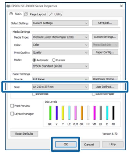 EPSON SC-P5000 STD - Veillez à selectionner le même parametre Size (Taille) que celui可以选择 dans l'application. Une fois les régles effectués, cliquez sur OK. - 1