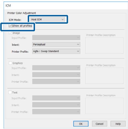 EPSON SC-P5000 STD - Dans l'écran Main (Principal) du pilote d'impression, Sélectionnez Custom (Perso.) comme Mode, Sélectionnez ICM, puis cliquez sur Advanced (Plus d'options). - 3