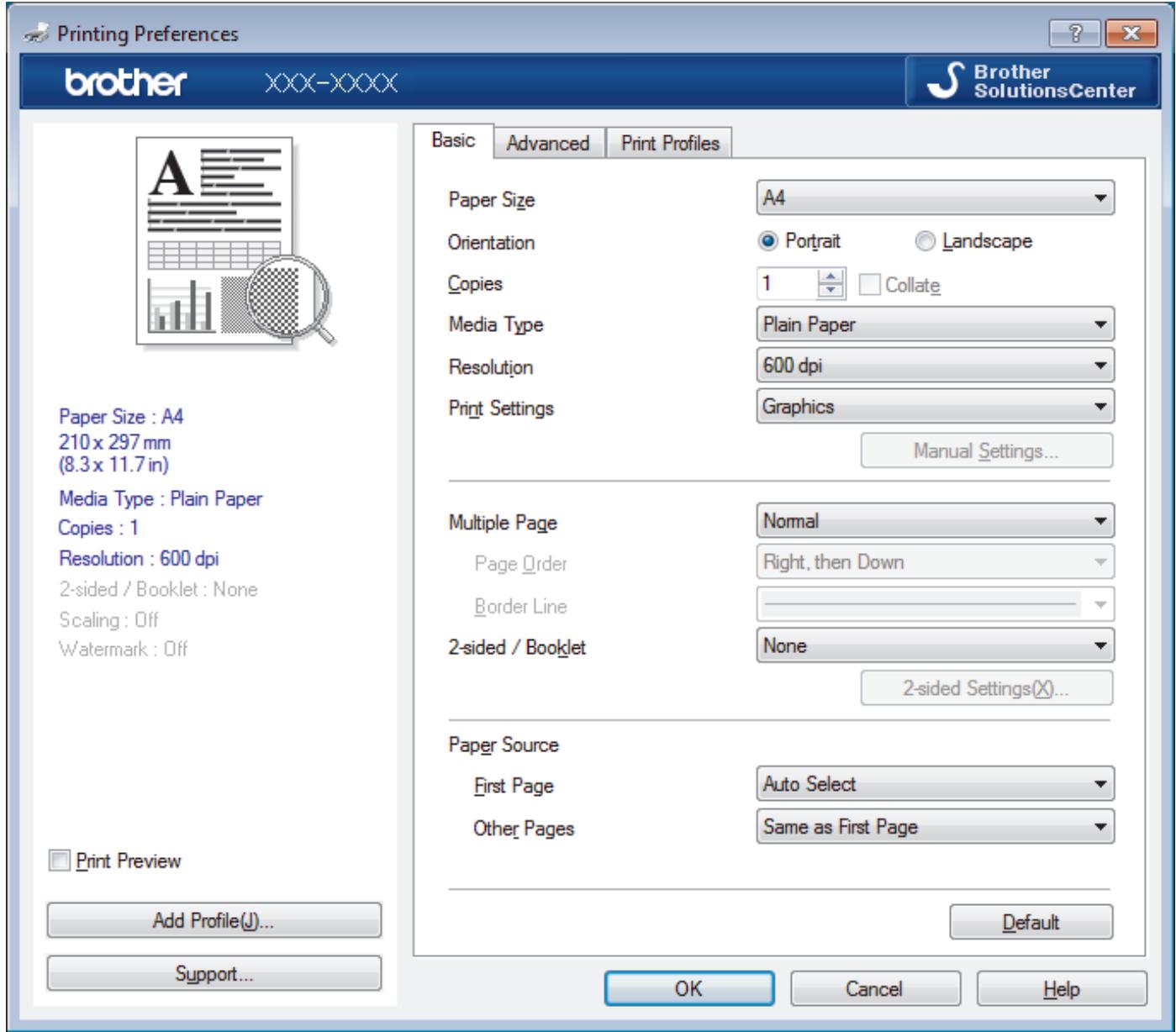 Printing Preferences brother XXX-XXXX Brother SolutionsCenter Basic Advanced Print Profiles Paper Size A4 Orientation Portrait Landscape Copies 1 Collate Media Type Plain Paper Resolution 600 dpi Print Settings Graphics Manual Settings... Multiple Page Normal Page Order Right, then Down Border Line 2-sided / Booklet None 2-sided Settings(X)... Paper Source First Page Auto Select Other Pages Same as First Page Add Profile(J)... Support... OK Cancel Help