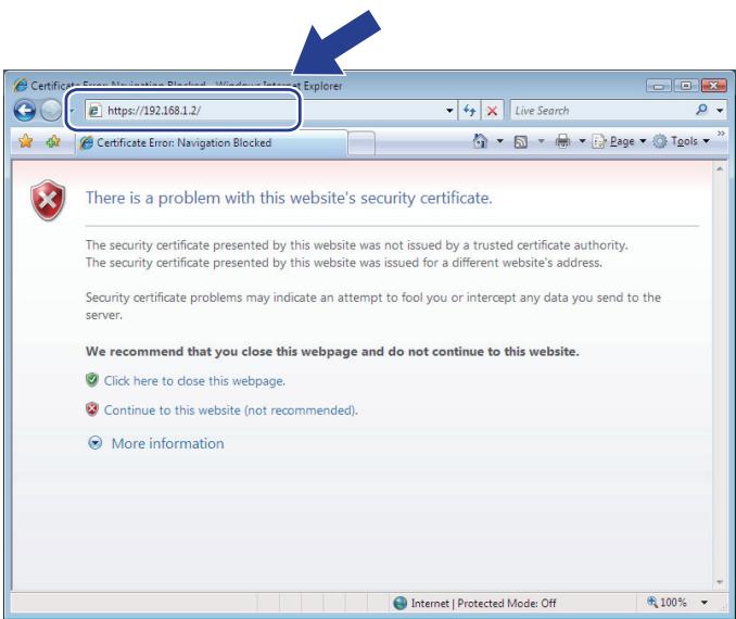 Certification: Error Navigation Blocked - Windows Internet Explorer https://192.168.1.2/ Certificate Error: Navigation Blocked There is a problem with this website's security certificate. The security certificate presented by this website was not issued by a trusted certificate authority. The security certificate presented by this website was issued for a different website's address. Security certificate problems may indicate an attempt to fool you or intercept any data you send to the server. We recommend that you close this webpage and do not continue to this website. Click here to close this webpage. Continue to this website (not recommended). More information