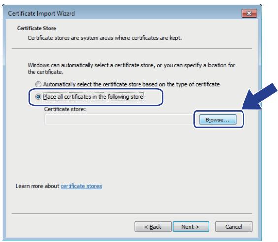 Certificate Import Wizard Certificate Store Certificate stores are system areas where certificates are kept. Windows can automatically select a certificate store, or you can specify a location for the certificate. ○ Automatically select the certificate store based on the type of certificate ● Place all certificates in the following store Certificate store: Browse... Learn more about certificate stores < Back Next > Cancel