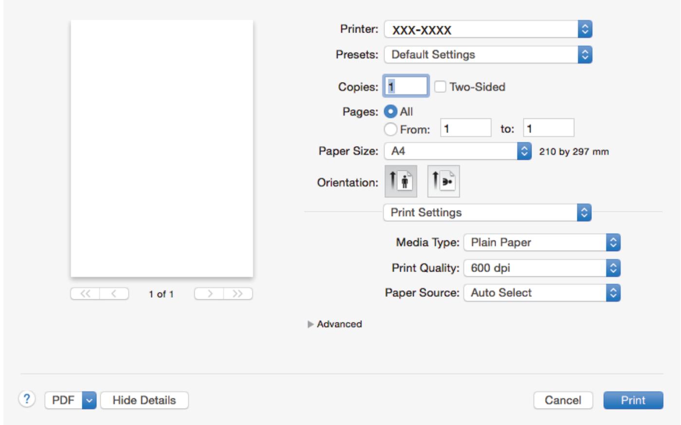 Printer: XXX-XXXX Presets: Default Settings Copies: 1 Two-Sided Pages: All From: 1 to: 1 Paper Size: A4 210 by 297 mm Orientation: Print Settings Media Type: Plain Paper Print Quality: 600 dpi Paper Source: Auto Select Advanced PDF Hide Details Cancel Print
