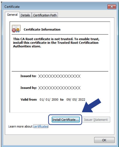 Certificate General Details Certification Path Certificate Information This CA Root certificate is not trusted. To enable trust, install this certificate in the Trusted Root Certification Authorities store. Issued to:XXXXXXXXXXXXX Issued by:XXXXXXXXXXXXX Valid from 01/ 01/ 2000 to 09/ 05/ 2022 Install Certificate... Issuer Statement Learn more about certificates OK