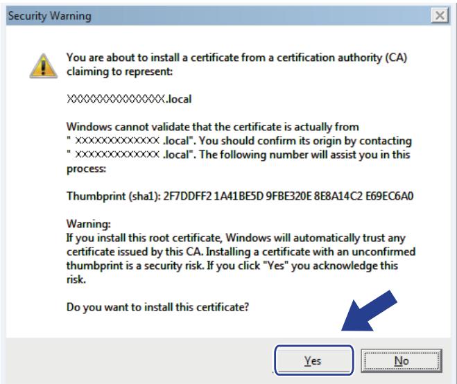 You are about to install a certificate from a certification authority (CA) claiming to represent: XXXXXXXXXXXXXX.local Windows cannot validate that the certificate is actually from "XXXXXXXXXX .local". You should confirm its origin by contacting "XXXXXXXXXXXX .local". The following number will assist you in this process: Thumbprint (sha1): 2F7DDFF2 1A41BE5D 9FBE320E 8E8A14C2 E69EC6A0 Warning: If you install this root certificate, Windows will automatically trust any certificate issued by this CA. Installing a certificate with an unconfirmed thumbprint is a security risk. If you click "Yes" you acknowledge this risk. Do you want to install this certificate? Yes No