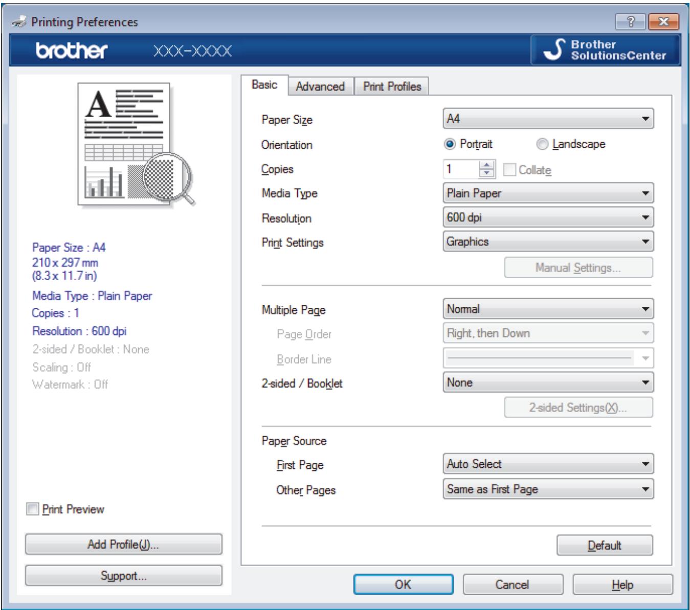 Printing Preferences brother XXX-XXXX Brother SolutionsCenter Basic Advanced Print Profiles Paper Size A4 Orientation Portrait Landscape Copies 1 Collate Media Type Plain Paper Resolution 600 dpi Print Settings Graphics Manual Settings... Multiple Page Normal Page Order Right, then Down Border Line 2-sided / Booklet None 2-sided Settings(X)... Paper Source First Page Auto Select Other Pages Same as First Page Print Preview Add Profile(J)... Support... OK Cancel Help