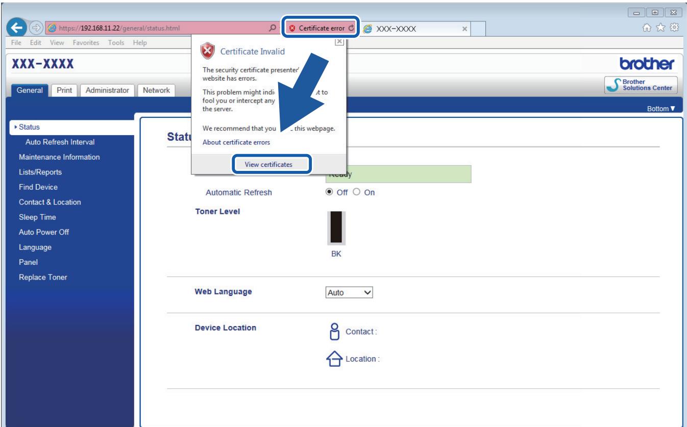 https://192.168.11.22/general/status.html File Edit View Favorites Tools Help Certificate error XXX-XXXX General Print Administrator Network Status Auto Refresh Interval Maintenance Information Lists/Reports Find Device Contact & Location Sleep Time Auto Power Off Language Panel Replace Toner Statement Certificate Invalid The security certificate presented website has errors. This problem might indicate it to fool you or intercept any the server. We recommend that you have this webpage. About certificate errors View certificates Ready Automatic Refresh Off On Toner Level BK Web Language Auto Device Location Contact : Location :