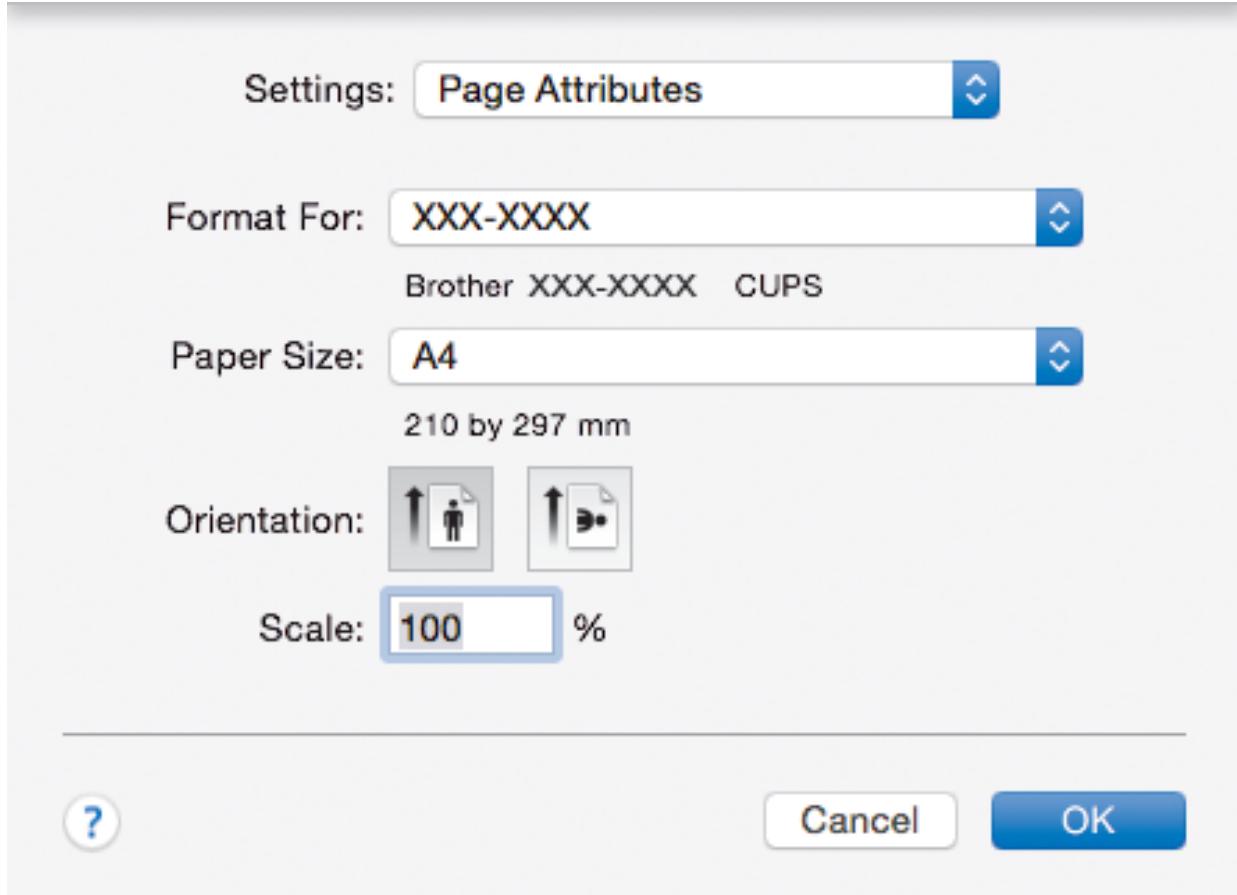Settings: Page Attributes Format For: XXX-XXXX Brother XXX-XXXX CUPS Paper Size: A4 210 by 297 mm Orientation: Scale: 100 %