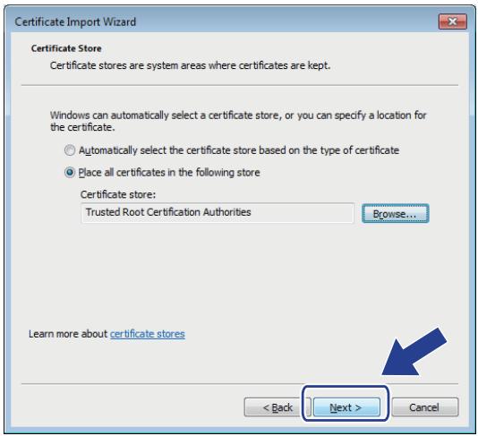 Certificate Import Wizard Certificate Store Certificate stores are system areas where certificates are kept. Windows can automatically select a certificate store, or you can specify a location for the certificate. ○ Automatically select the certificate store based on the type of certificate ● Place all certificates in the following store Certificate store: Trusted Root Certification Authorities Browse... Learn more about certificate stores < Back Next > Cancel