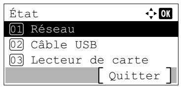 État 01 Réseau 02 Câble USB 03 Lecteur de carte [ Quitter ]