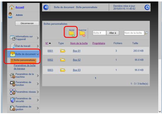 Accueil Admin Déconnexion Boîte de document : Boîte personnalisée Dernière mise à jour: 2015/01/15 11:40:02 Boîtes personnalisées Avalier Suprimar Boîte # Alter à Nom de la boîte N° Type Nom de la boîte Propriétaire Fichiers Taille 0001 Box 01 3 283.0 KB 0002 Box 02 1 95.0 KB 0003 Box 03 1 95.0 KB Paramètres de boîte de travaux Paramètres de la machine Paramètres de fonction Paramètres réseau Paramètres de sécurité Paramètres de gestion 1 - 3 / 3 boîte(s)