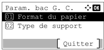 Param. bac G. C. OK ① Format du papier ② Type de support [ Quitter ]