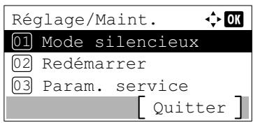 Réglage/Maint. 01 Mode silencieux 02 Redémarrer 03 Param. service [ Quitter ]