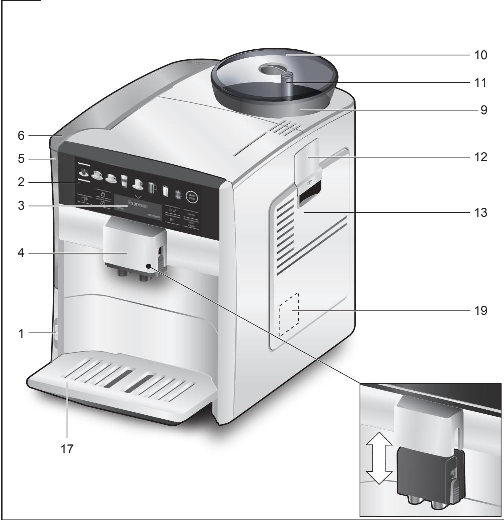 Labeled diagram of a coffee maker with numbered parts and internal components visible