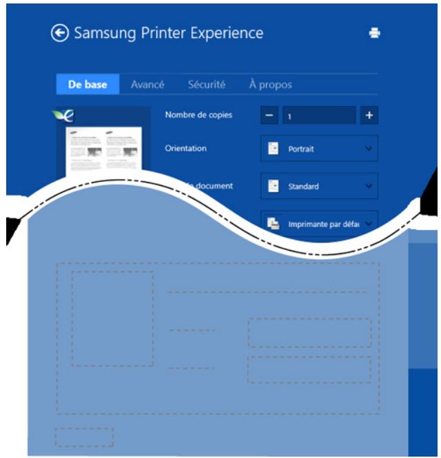 Samsung Printer Experience De base Avancé Sécurité À propos Nombre de copies 1 + Orientation Portrait Standard Imprimante par défaut
