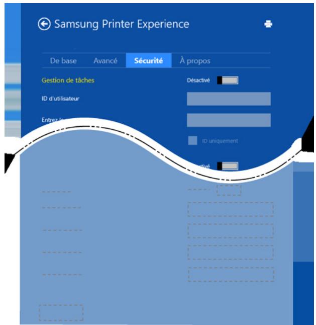 Samsung Printer Experience De base Avancé Sécurité À propos Gestion de tâches ID d'utilisateur Entrez le Désactivé ID uniquement Sécurité