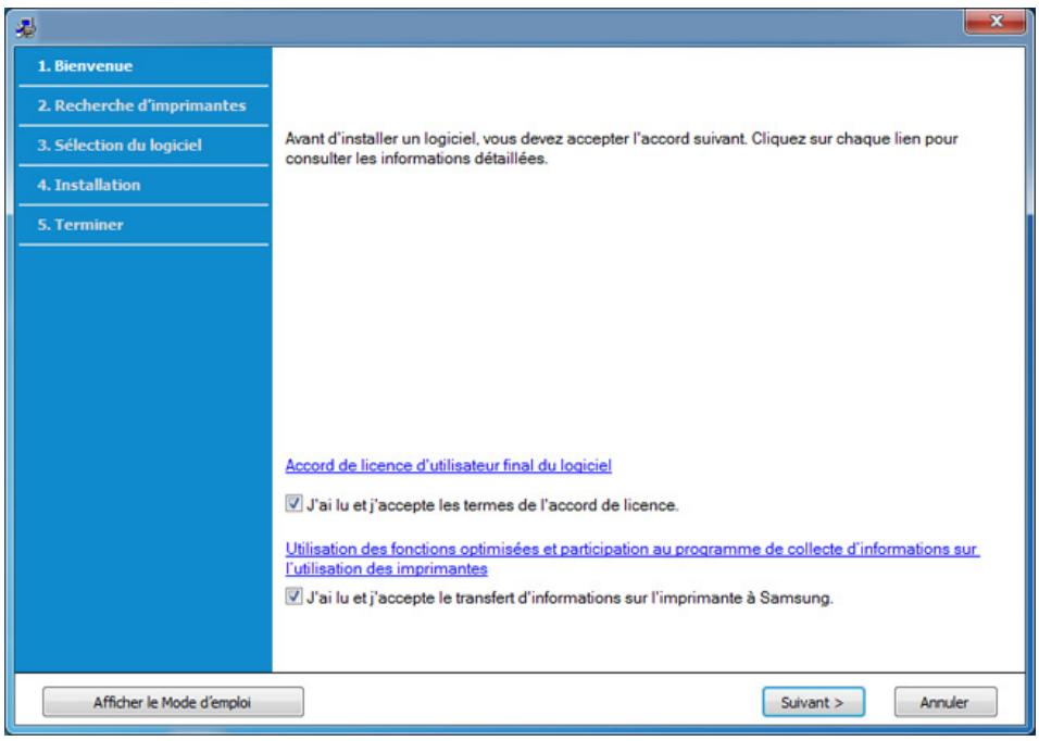 1. Bienvenue 2. Recherche d'imprimantes 3. Sélection du logiciel 4. Installation 5. Terminer Avant d'installer un logiciel, vous devez accepter l'accord suivant. Cliquez sur chaque lien pour consulter les informations détaillées. Accord de licence d'utilisateur final du logiciel ✓ J'ai lu et j'accep…