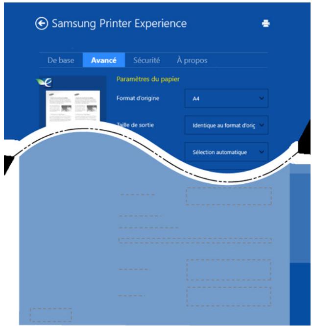 Samsung Printer Experience De base Avancé Sécurité À propos Paramètres du papier Format d'origine A4 Taille de sortie Identique au format d'origine Sélection automatique